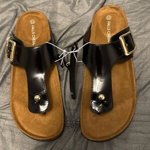 Falls Creek Sz 11 Slip-On Black Cork Patent Thong Buckle Sandals NWT